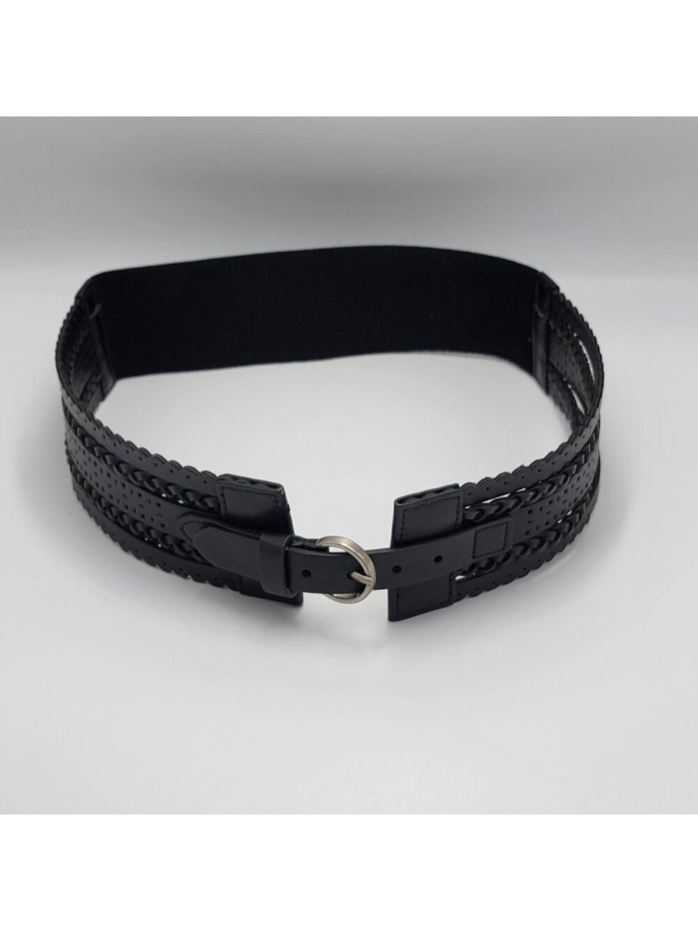 Black Faux Leather Braided Stretch Belt With Adjustable Buckle For Women